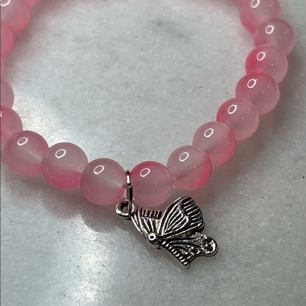Pink Beaded Bracelet with Butterfly Charm - Picture 7 of 8